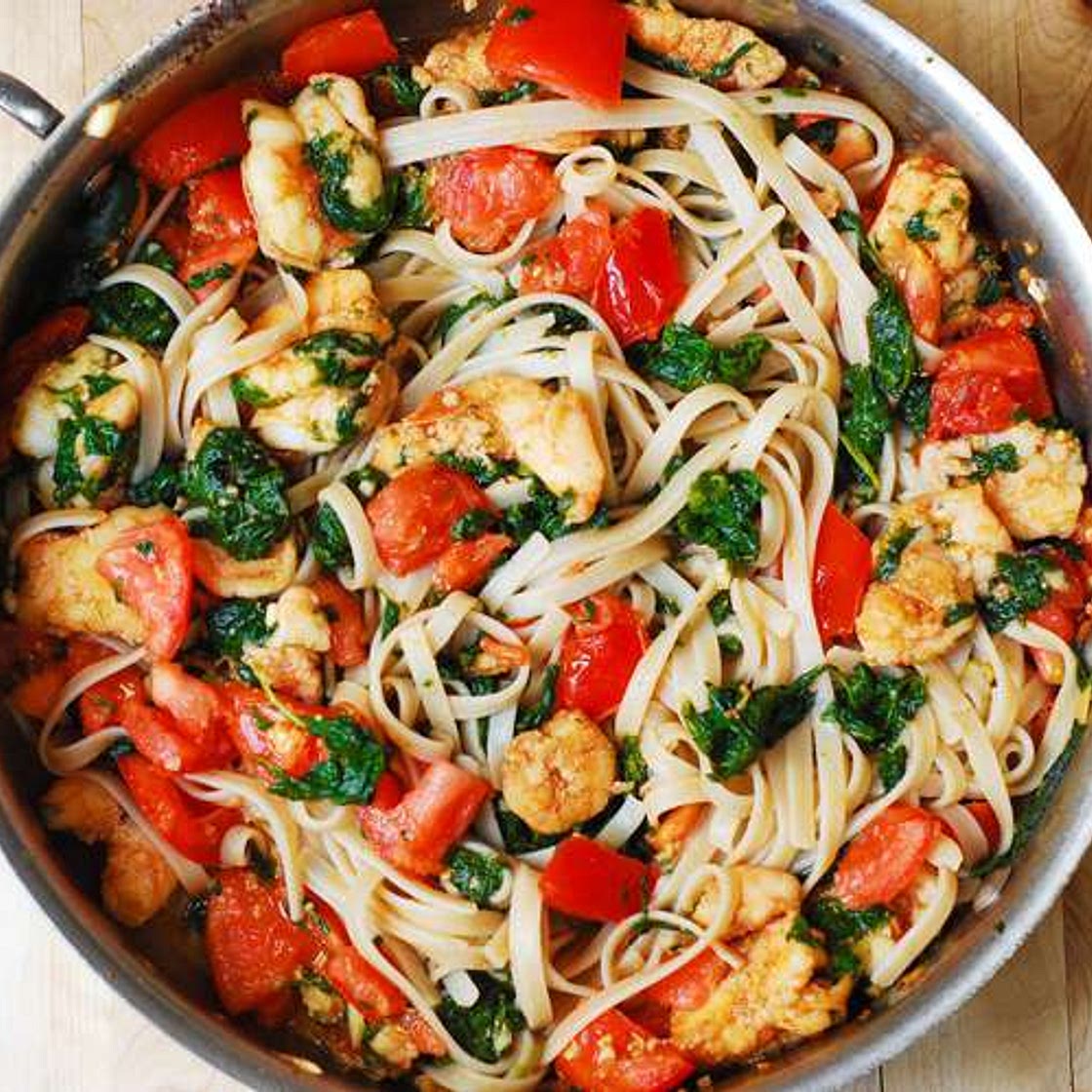 Shrimp Tomato Spinach Pasta in Garlic Butter Sauce