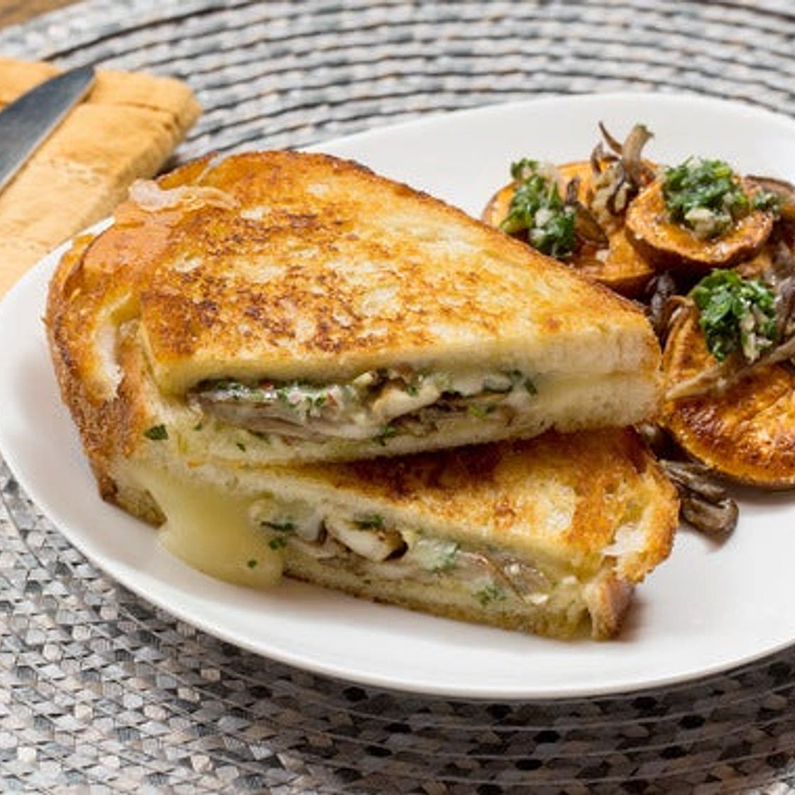 Fontina & Pesto Grilled Cheese Sandwiches with Maitake Mushrooms & Roasted Sweet Potato Rounds