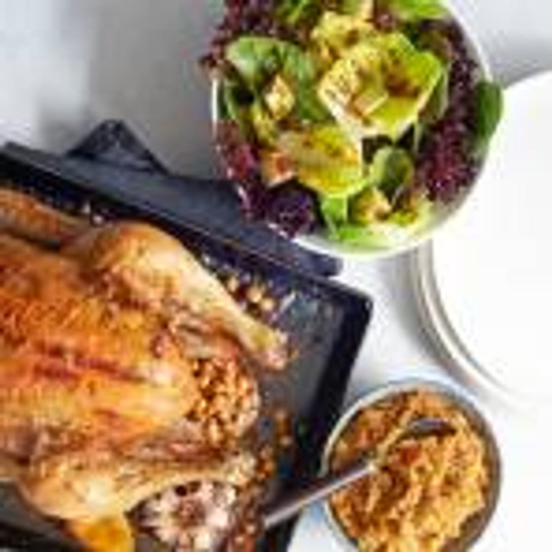 Roast Chicken with chickpea stuffing and big green salad