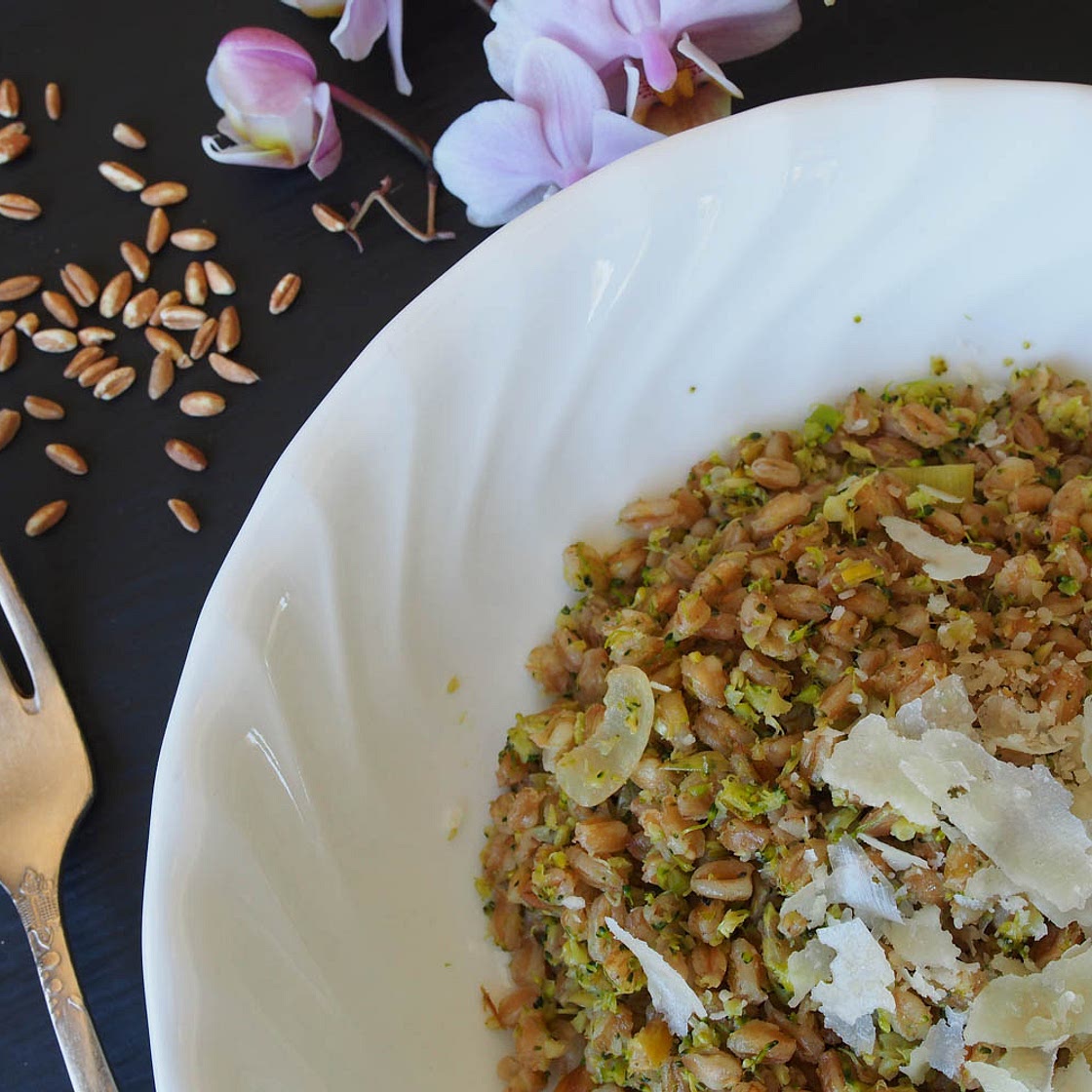 Farrotto with Broccoli and Leek Puree topped with Grano Padano