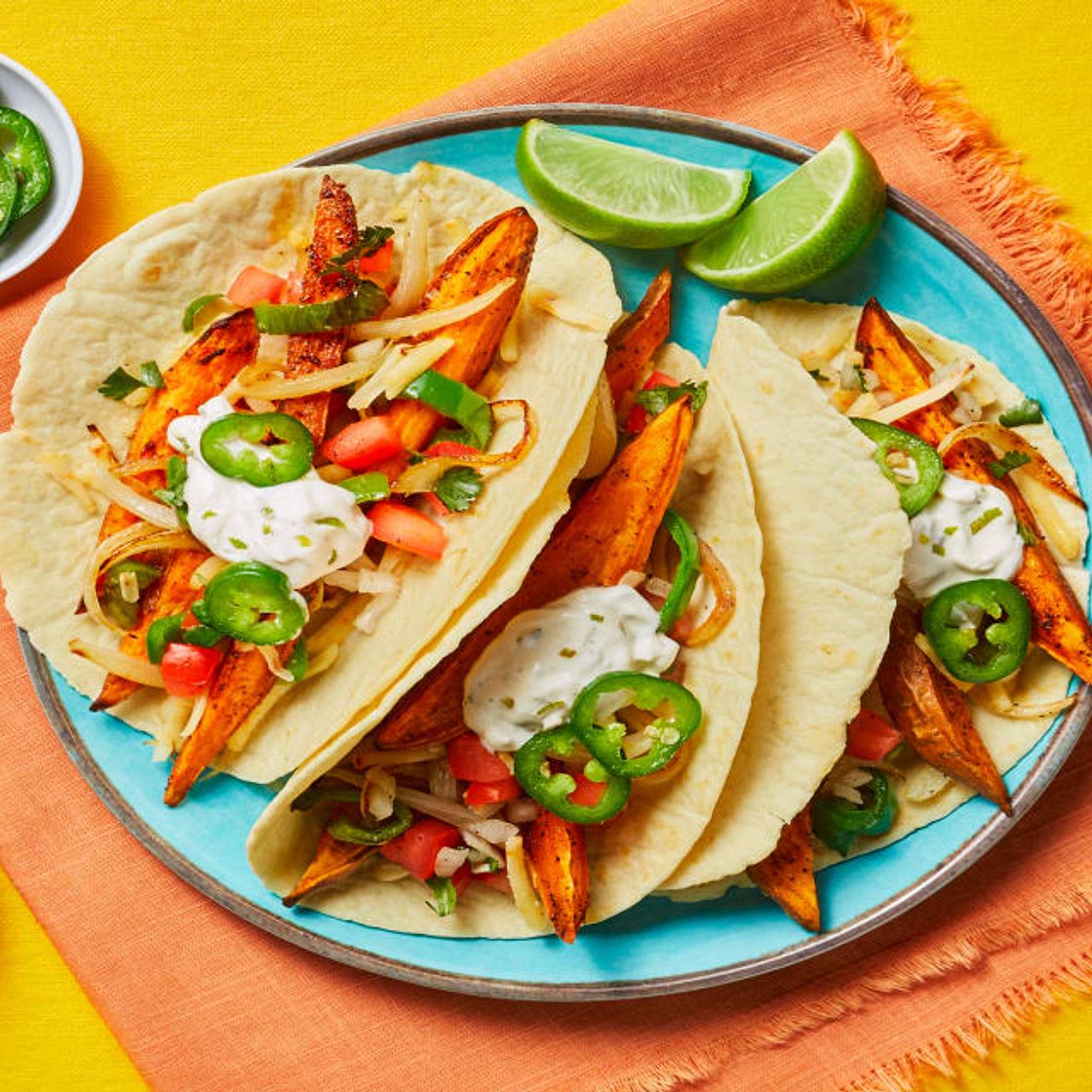 Sweet Potato Fajitas with Pepper Jack, Pickled Jalapeño & Lime Sour Cream