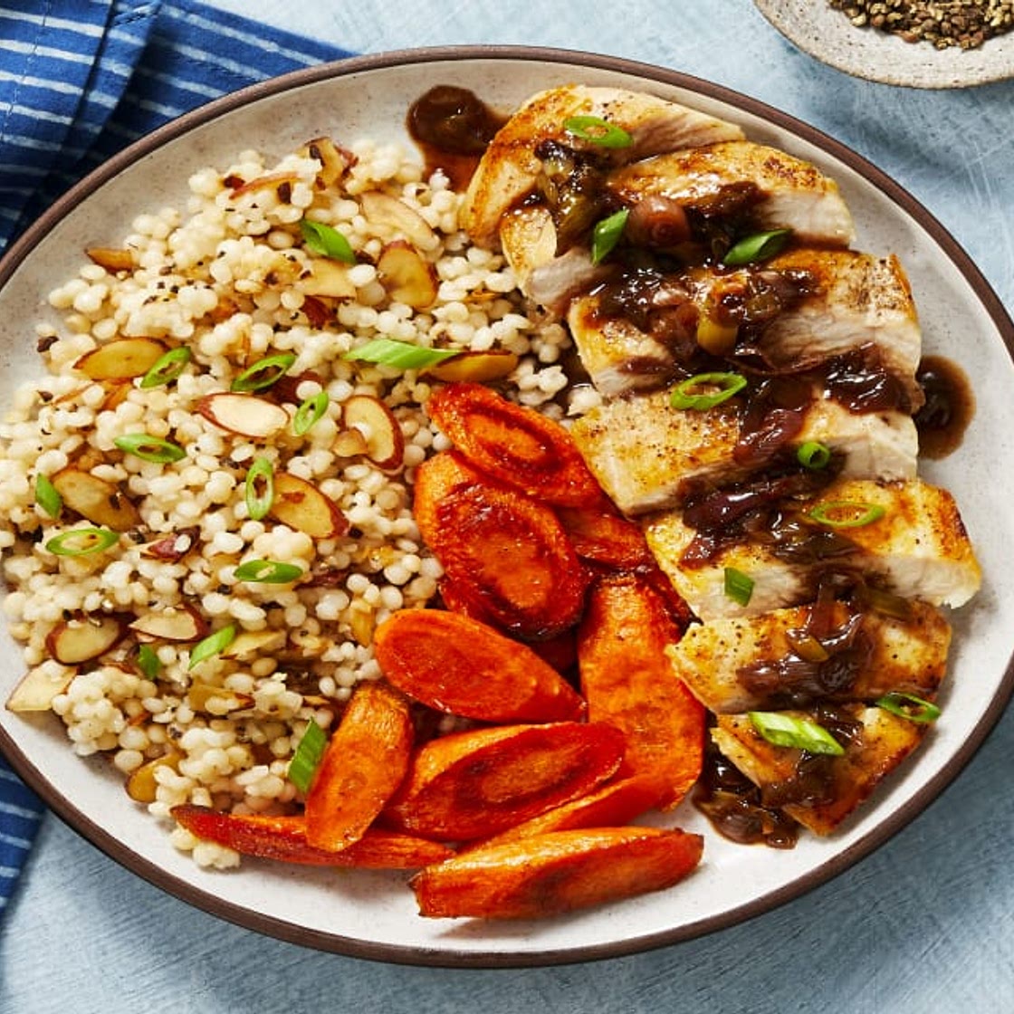 Cherry Balsamic Chicken with Almond Couscous & Roasted Carrots