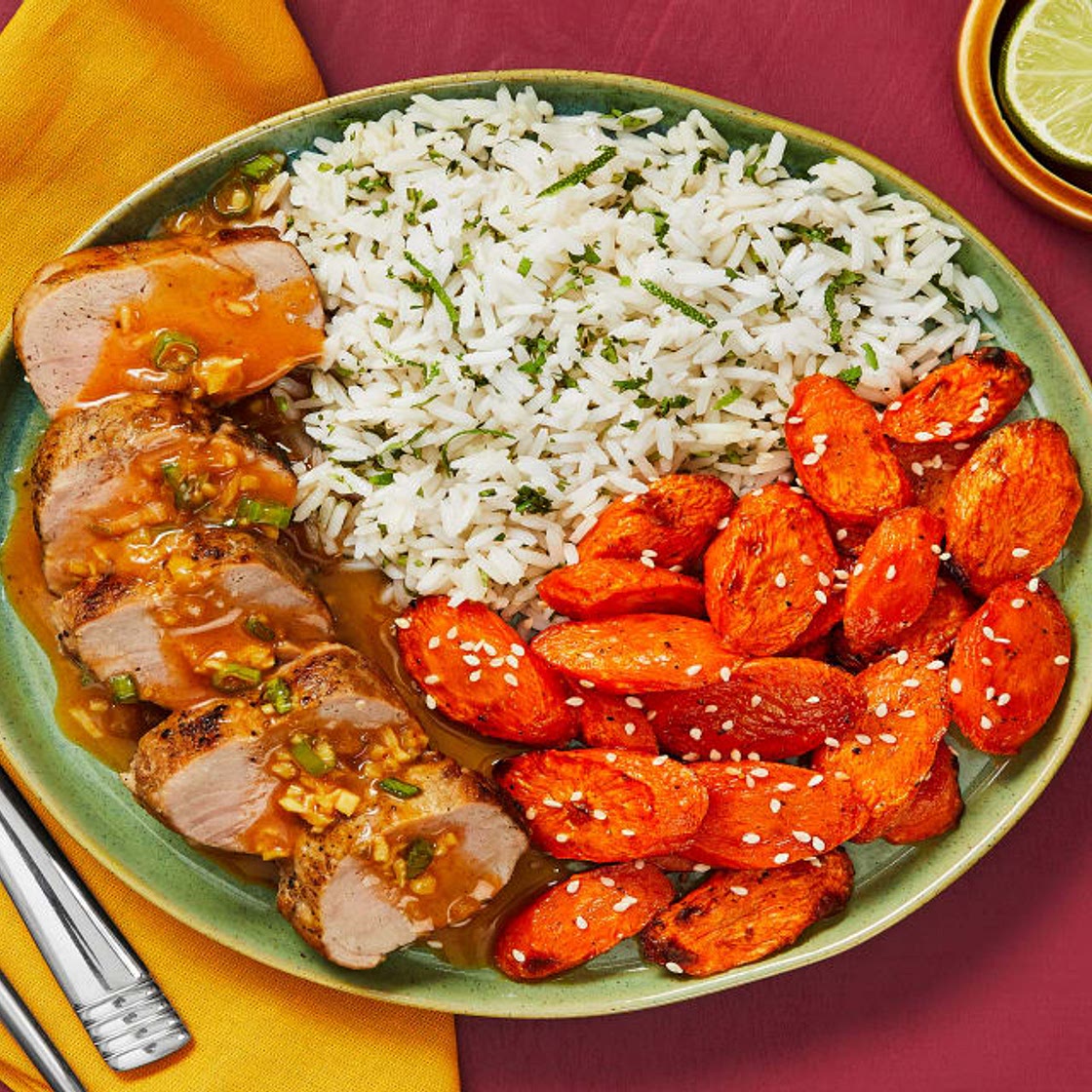 Honey Sriracha Pork Tenderloin with Roasted Sesame Carrots & Cilantro-Lime Rice