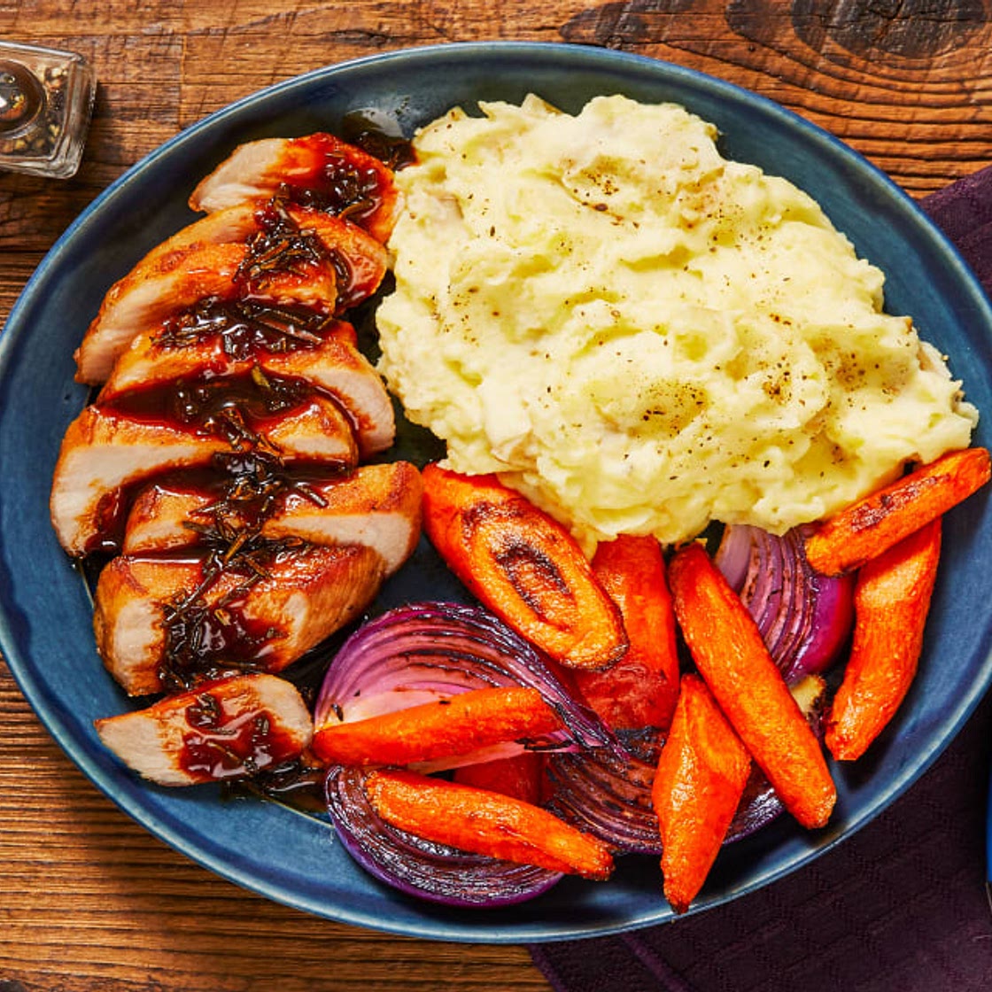 Rosemary Demi-Glace Pork Chops with Mashed Potatoes & Roasted Veggies
