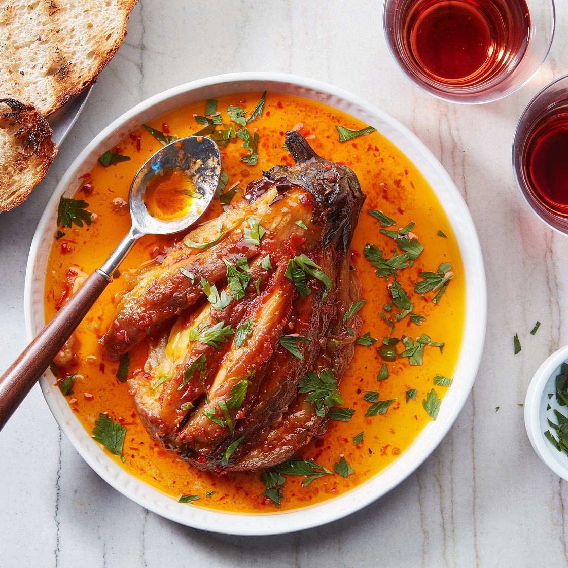 Grilled Whole Eggplant with Harissa Vinaigrette