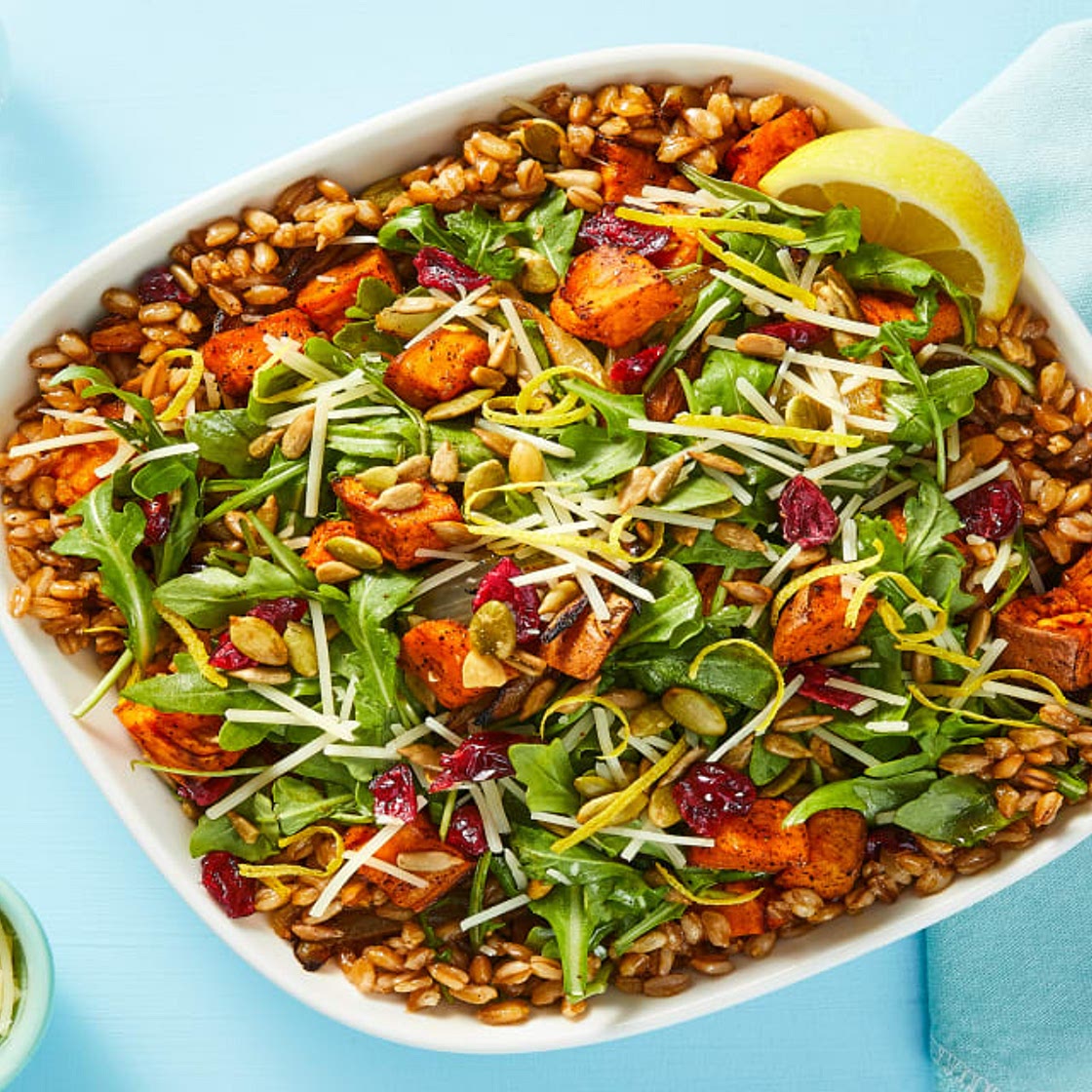 Roasted Veggie Farro Bowls with Marinated Cranberries & Salsa Verde Sunflower Pepitas