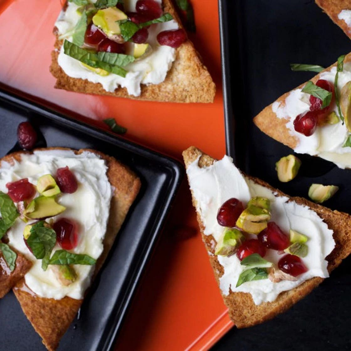 Goat Cheese Pita Toasts with Pomegranate, Pistachio and Mint - Ellie Krieger