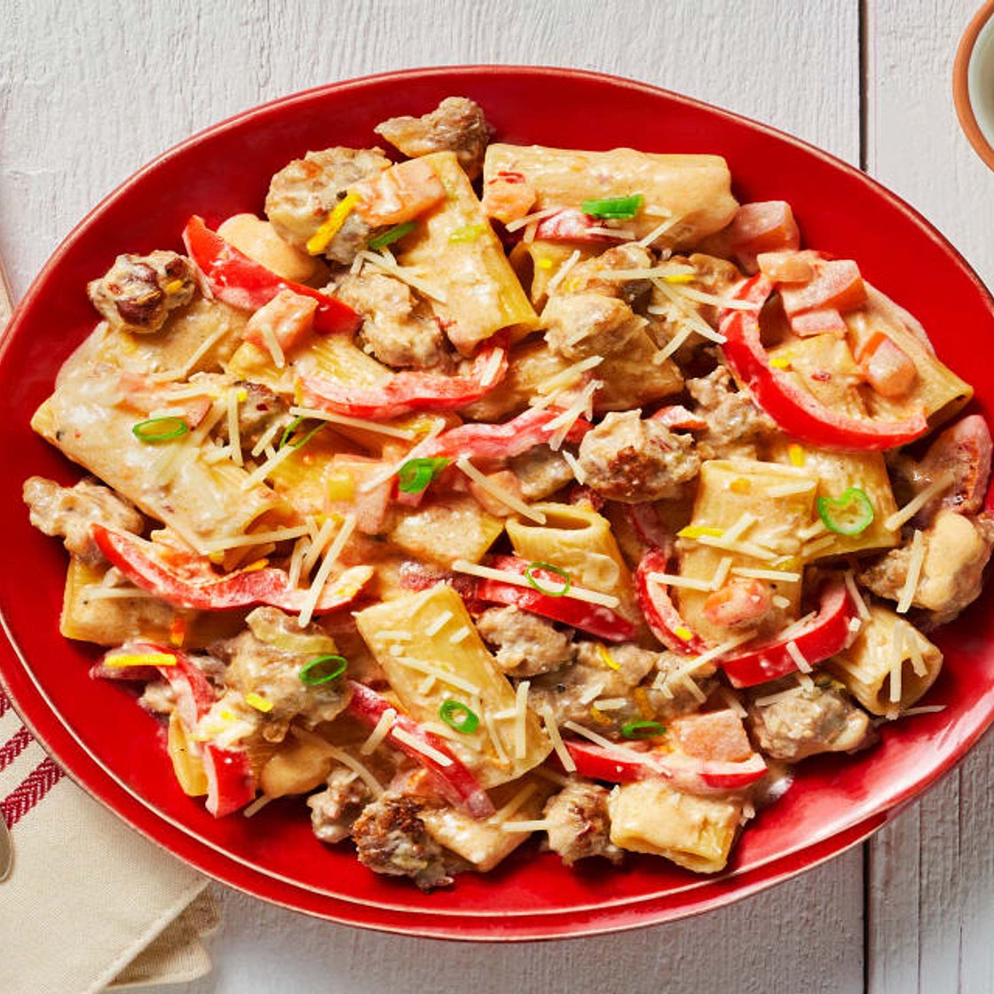 Pork Sausage Rigatoni in a Creamy Sauce with Bell Pepper & Lemon