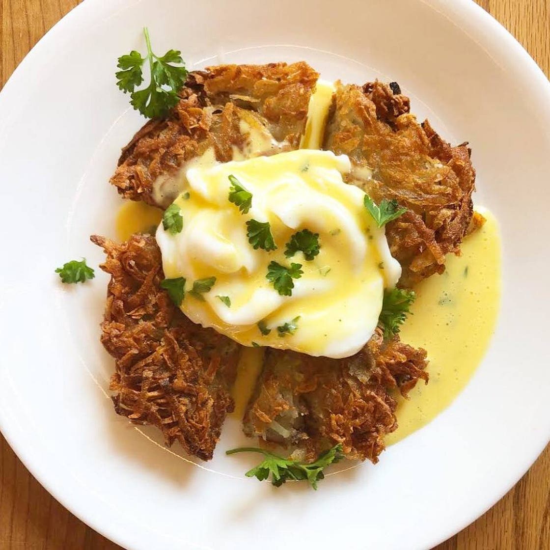 Gluten Free Sunday Brunch: Eggs Benedict with Herb Hollandaise over Pommes Darphin!