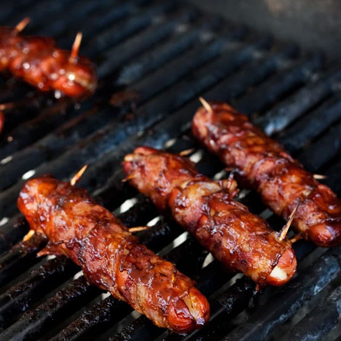 BBQ Bacon Wrapped Cheese Stuffed Hot Dogs