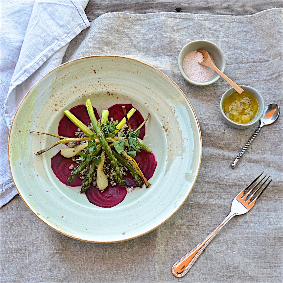 Roasted asparagus and green onion with quinoa, pickled beets