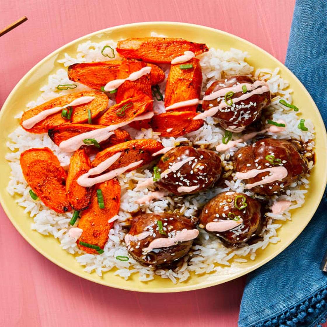 Meatballs with Bulgogi Sauce plus Roasted Carrots, Ginger Rice & Sriracha Crema