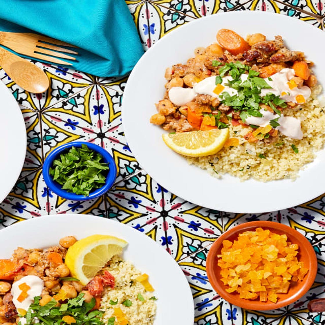 Moroccan Chicken Sausage Tagine with Dried Apricots and Chickpeas over Couscous