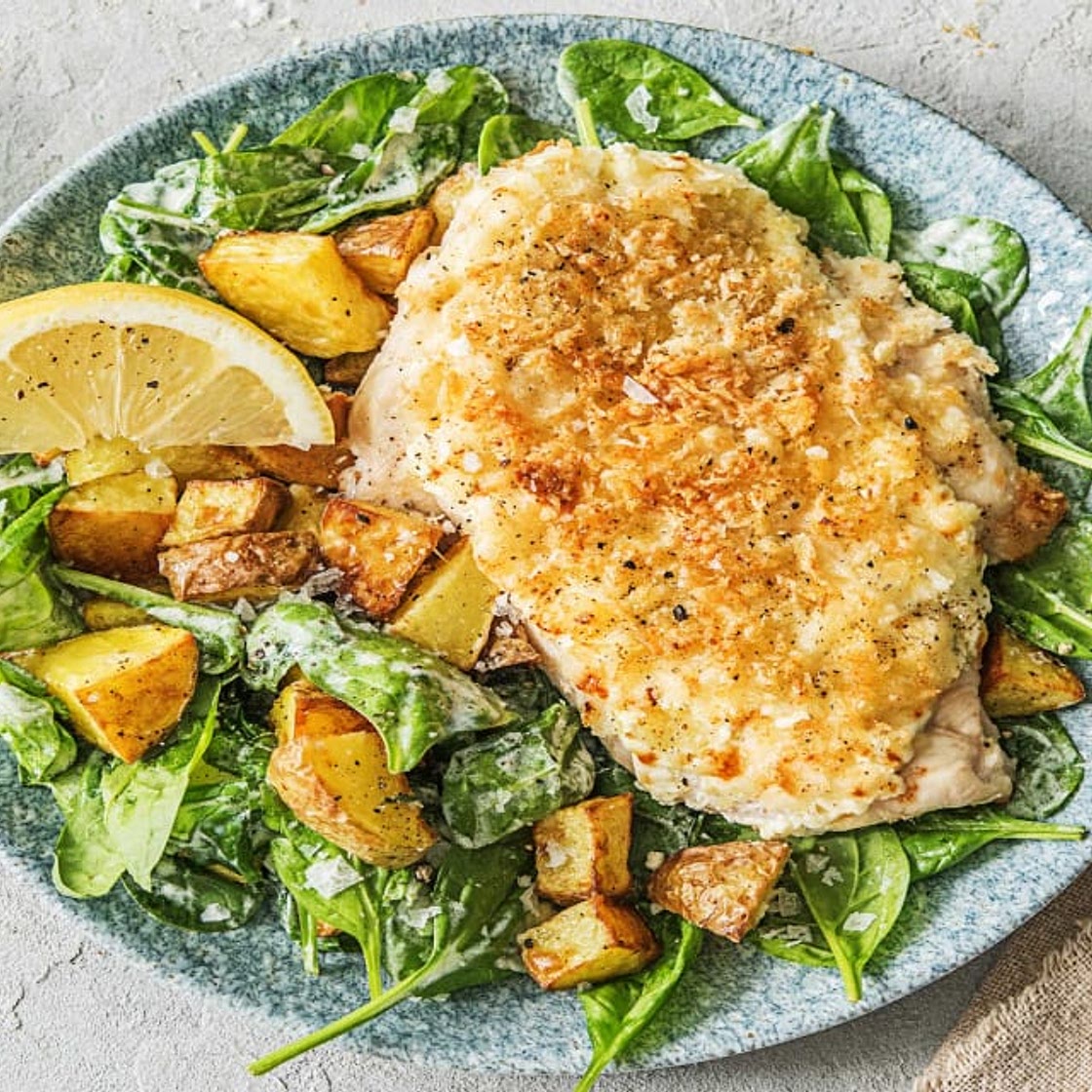 Chicken Parm Salad with Baby Spinach and a Creamy Lemon Dressing