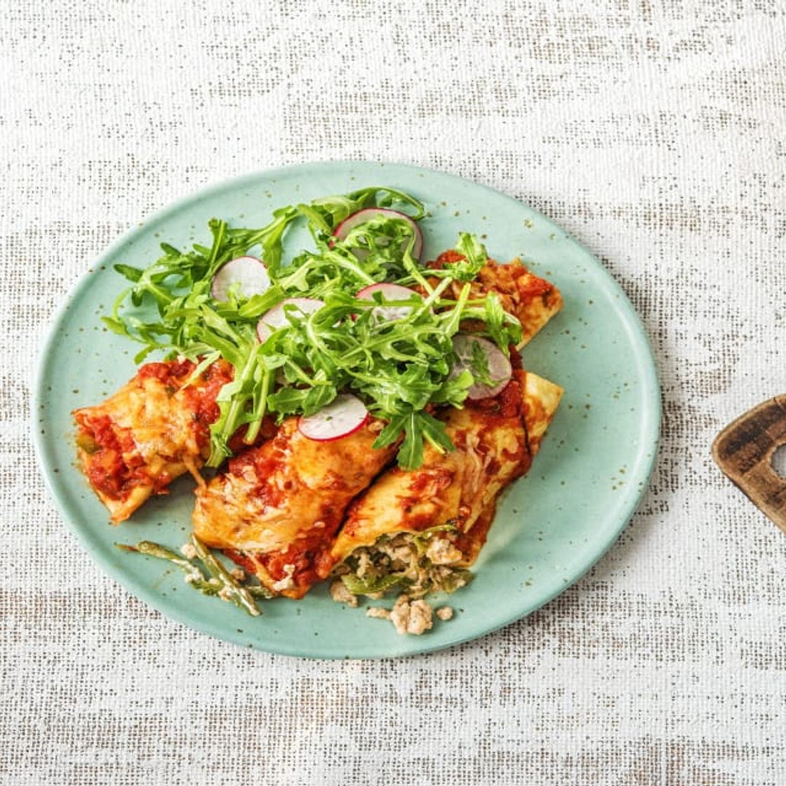 Skillet Turkey Enchiladas with a Lime Radish Salad