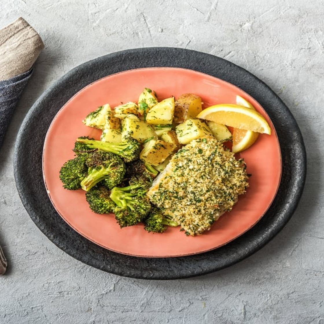 Crusted Dijon Cod with Dilled Fingerling Potatoes and Roasted Broccoli