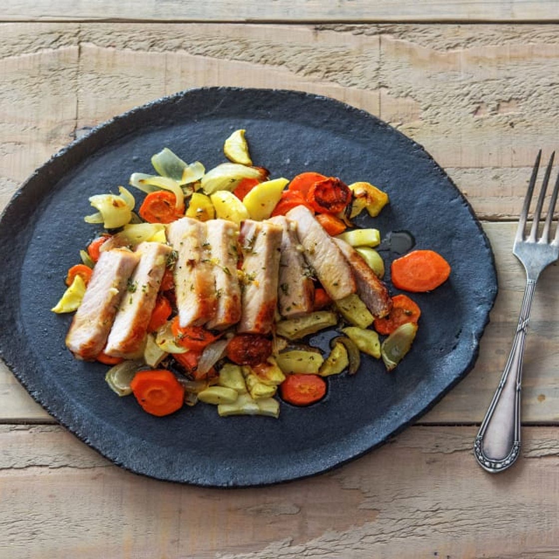 Sugar-Sweet Pork Chops with Mixed Root Veggies