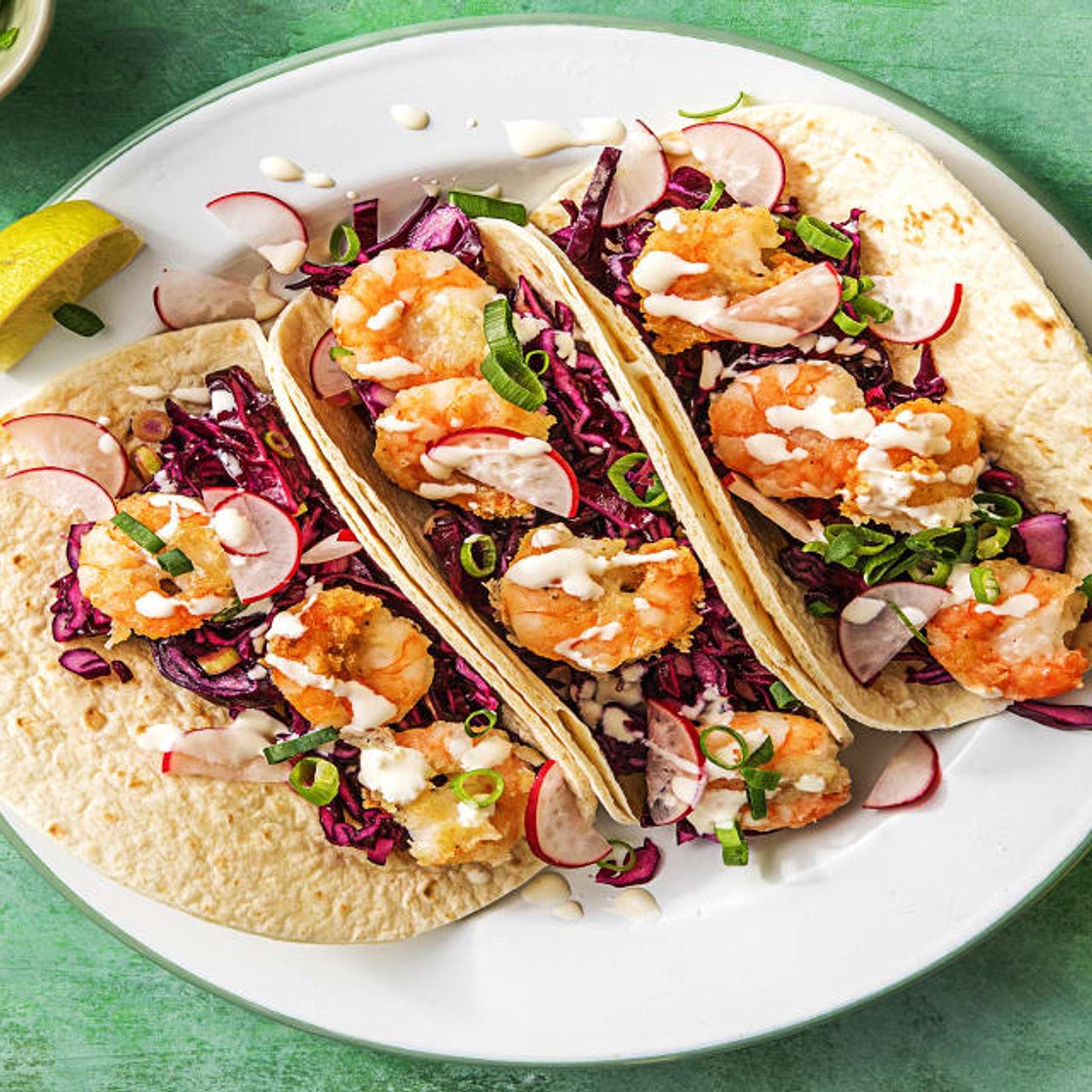 Crispy Chipotle Shrimp Tacos with Cabbage Slaw and Radishes