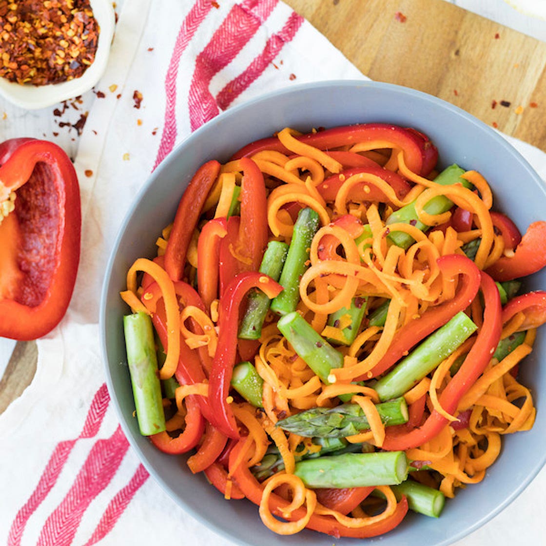Sweet Potato Noodles with Garlic, Red Pepper & Asparagus