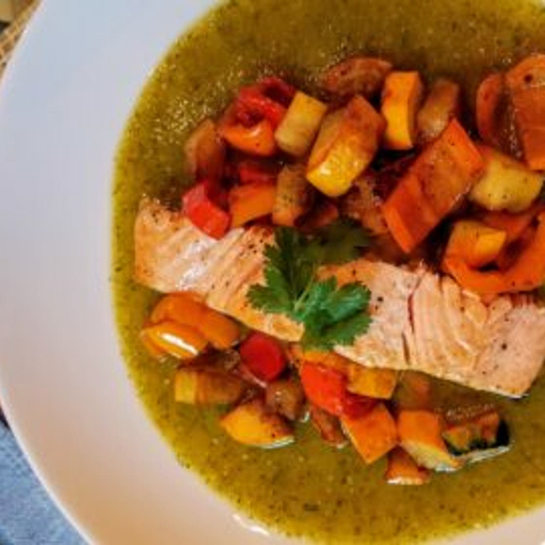 Roasted salmon with tomatillo salsa