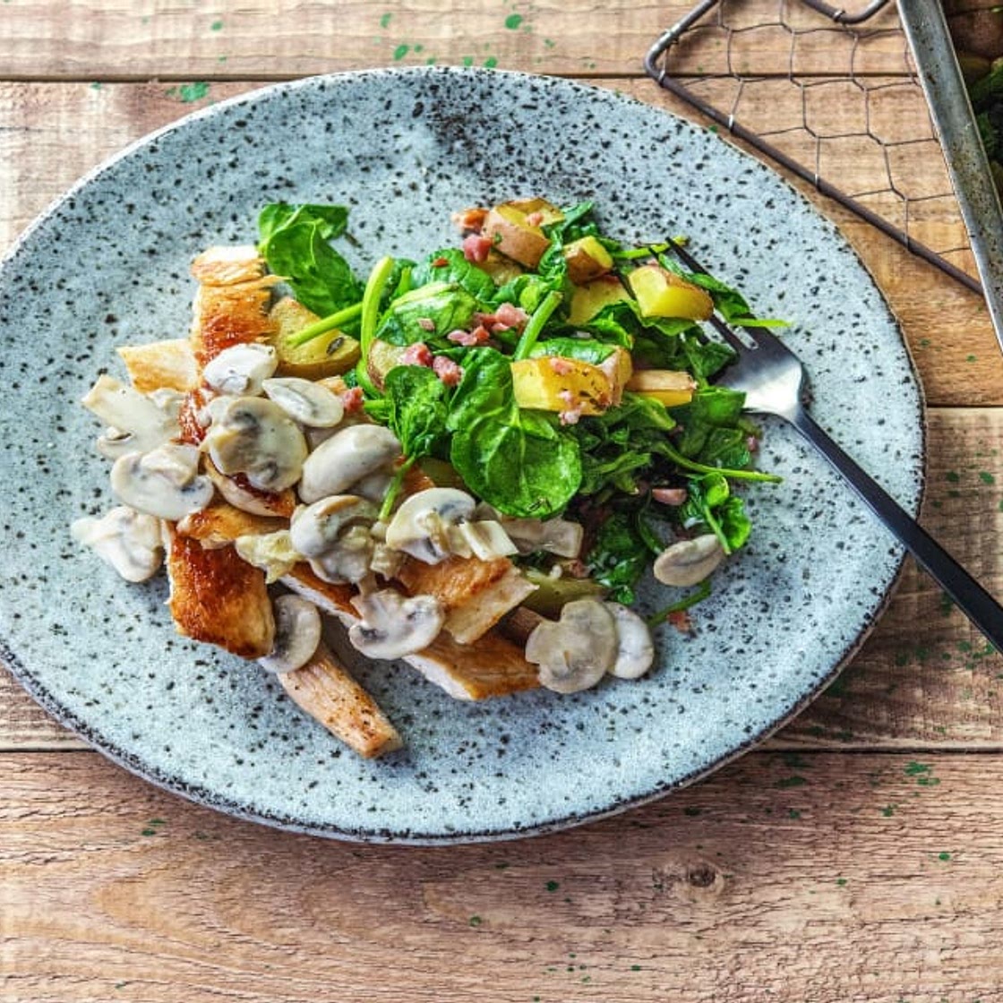 Pan-Fried Turkey Steak with Mushroom Sauce and Pancetta Roasties