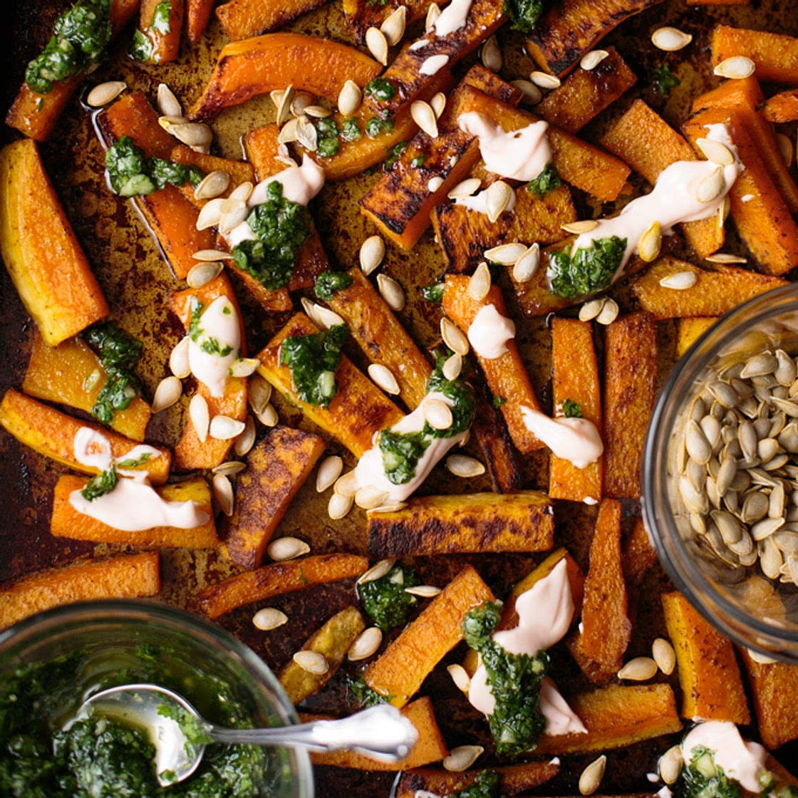 Butternut Squash with Cilantro Garlic Sauce and Sriracha Crema