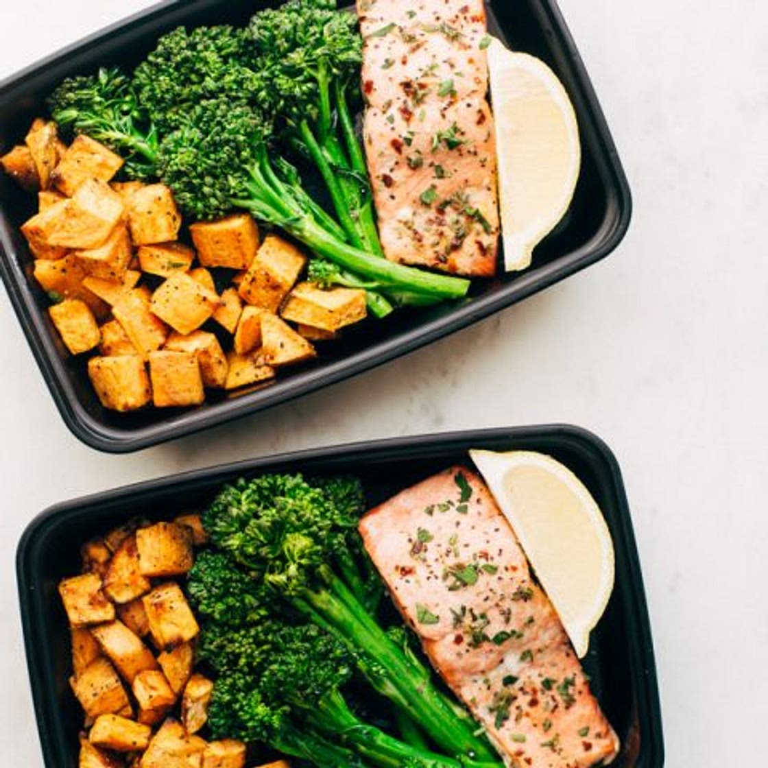 Lemon Roasted Salmon with Sweet Potatoes and Broccolini