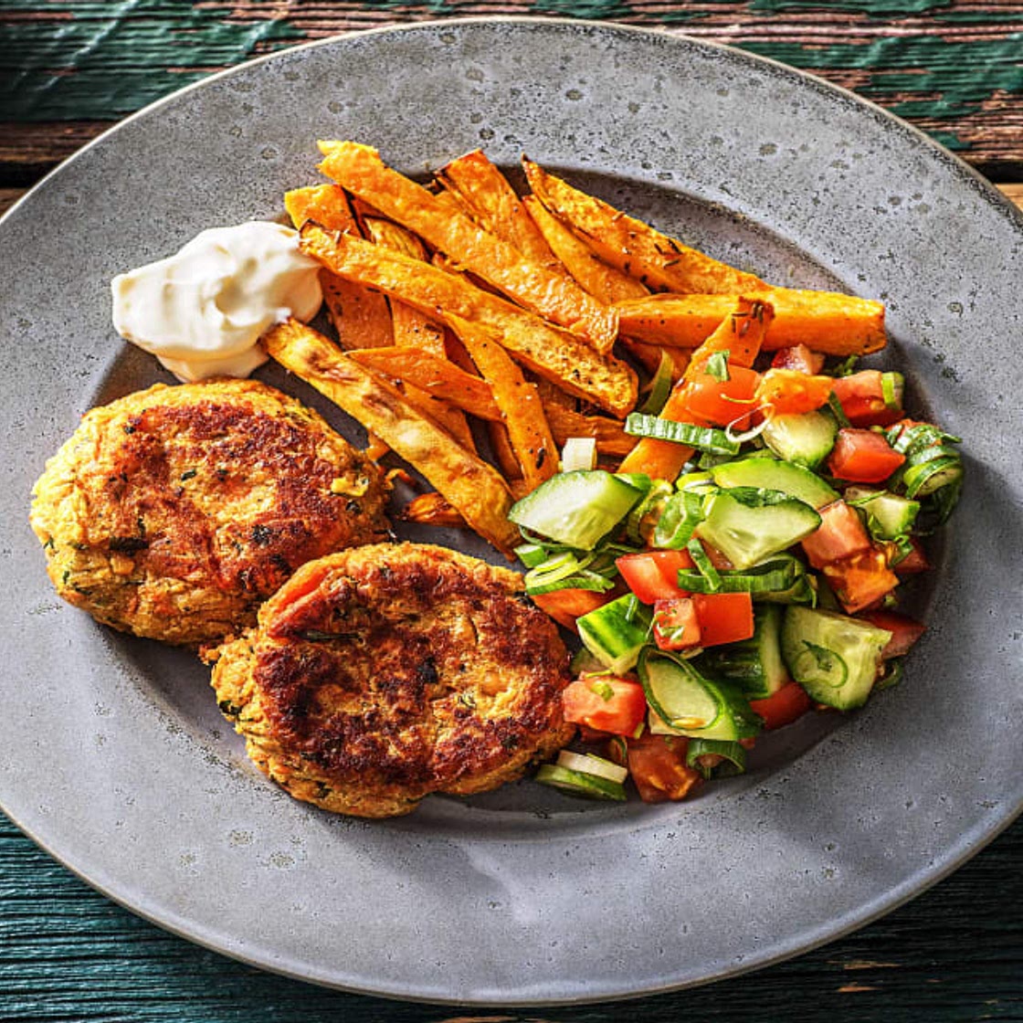 Indian Chickpea Koftas with Sweet Potato Fries and Salad