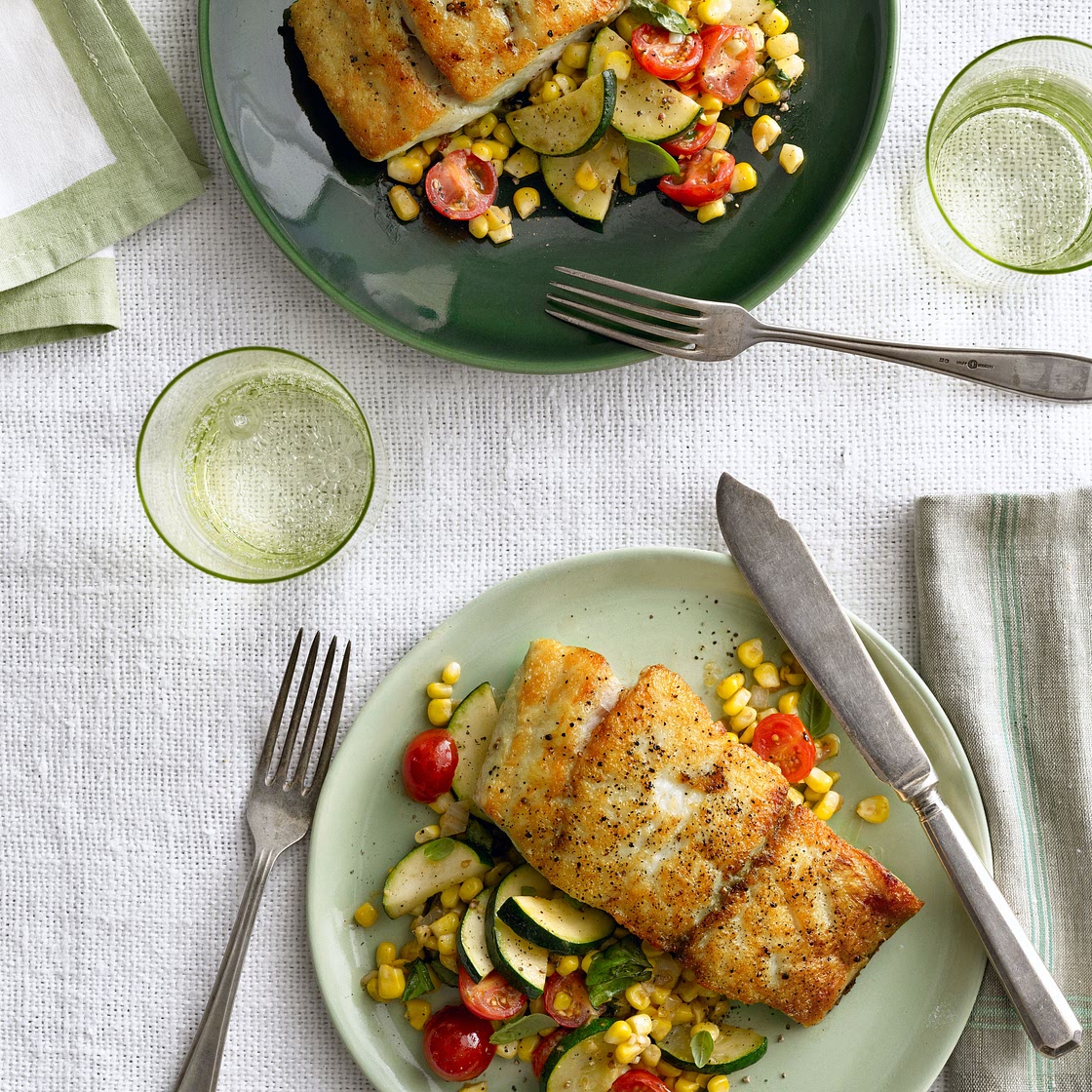 Seared Grouper with Corn, Zucchini, and Tomato Sauté