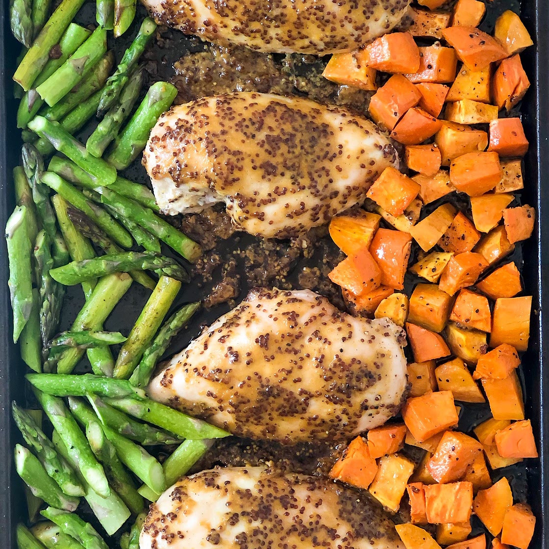 Sheet Pan Honey Mustard Chicken With Sweet Potatoes And Asparagus