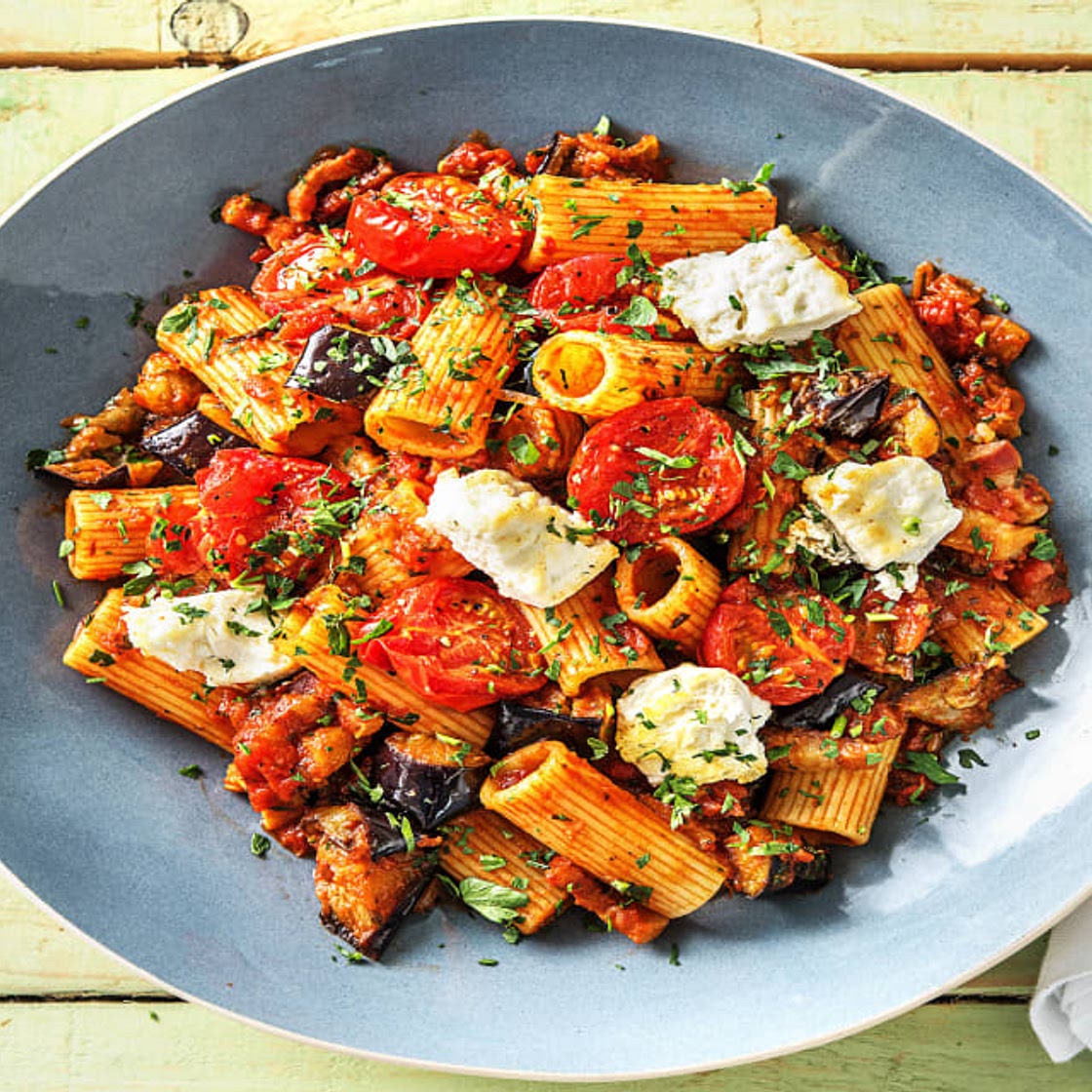 Bacon Rigatoni with Aubergine, Tomato & Feta