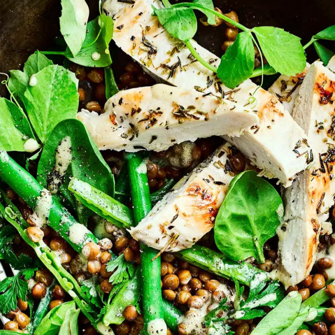 Griddled chicken with mustardy lentil salad