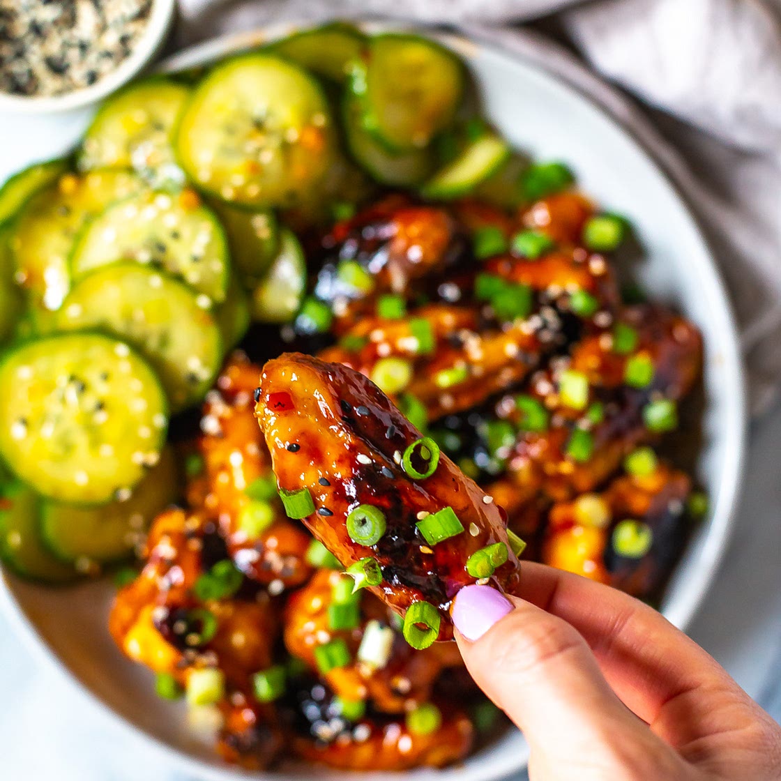 Korean Inspired Chicken Wings and Cucumber Salad