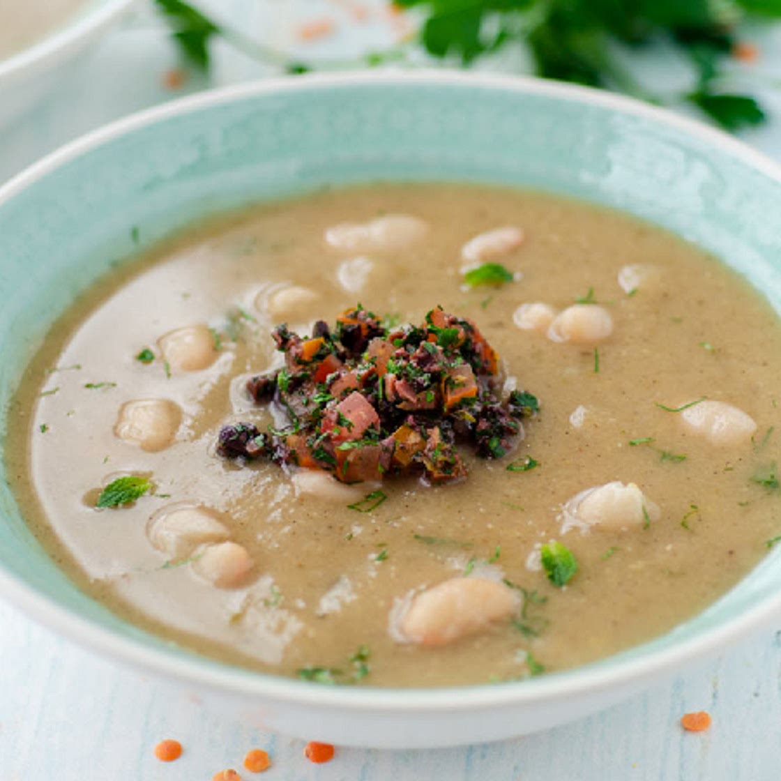 Greek Lentil and White Bean Soup with Olive and Tomato Gremolata