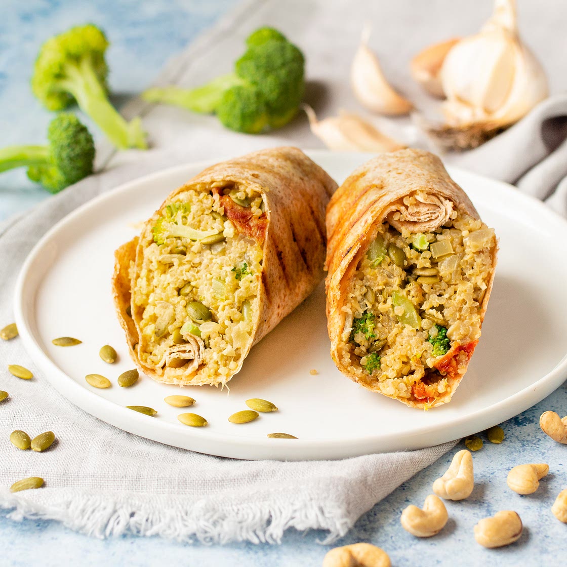 Cheesy Vegan Broccoli & Cashew Quinoa Burrito with Sun-dried Tomatoes