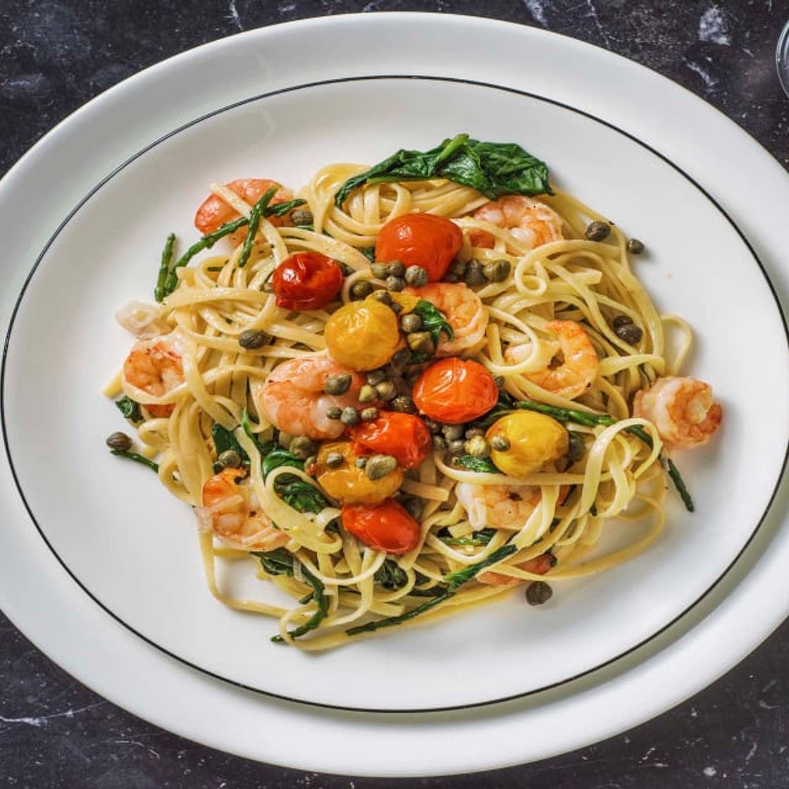 Creamy Lemony Prawn Linguine with Samphire, Roasted Tomatoes, Spinach and Capers