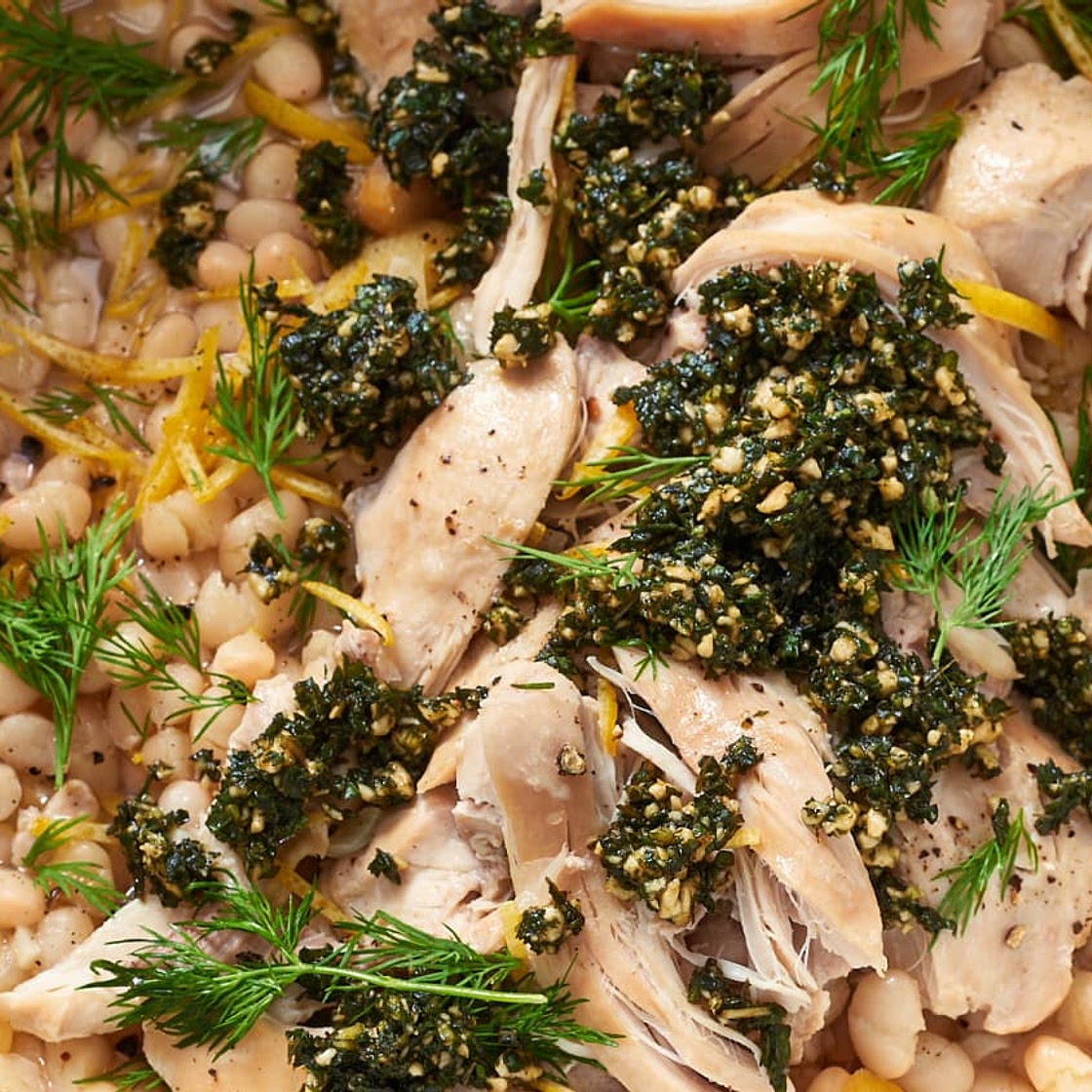 Lemon Braised Chicken & Beans with Mint Pesto