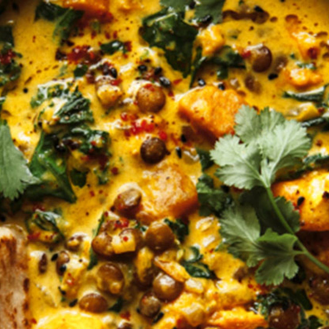 Ginger Sweet Potato and Coconut Milk Stew with Lentils & Kale