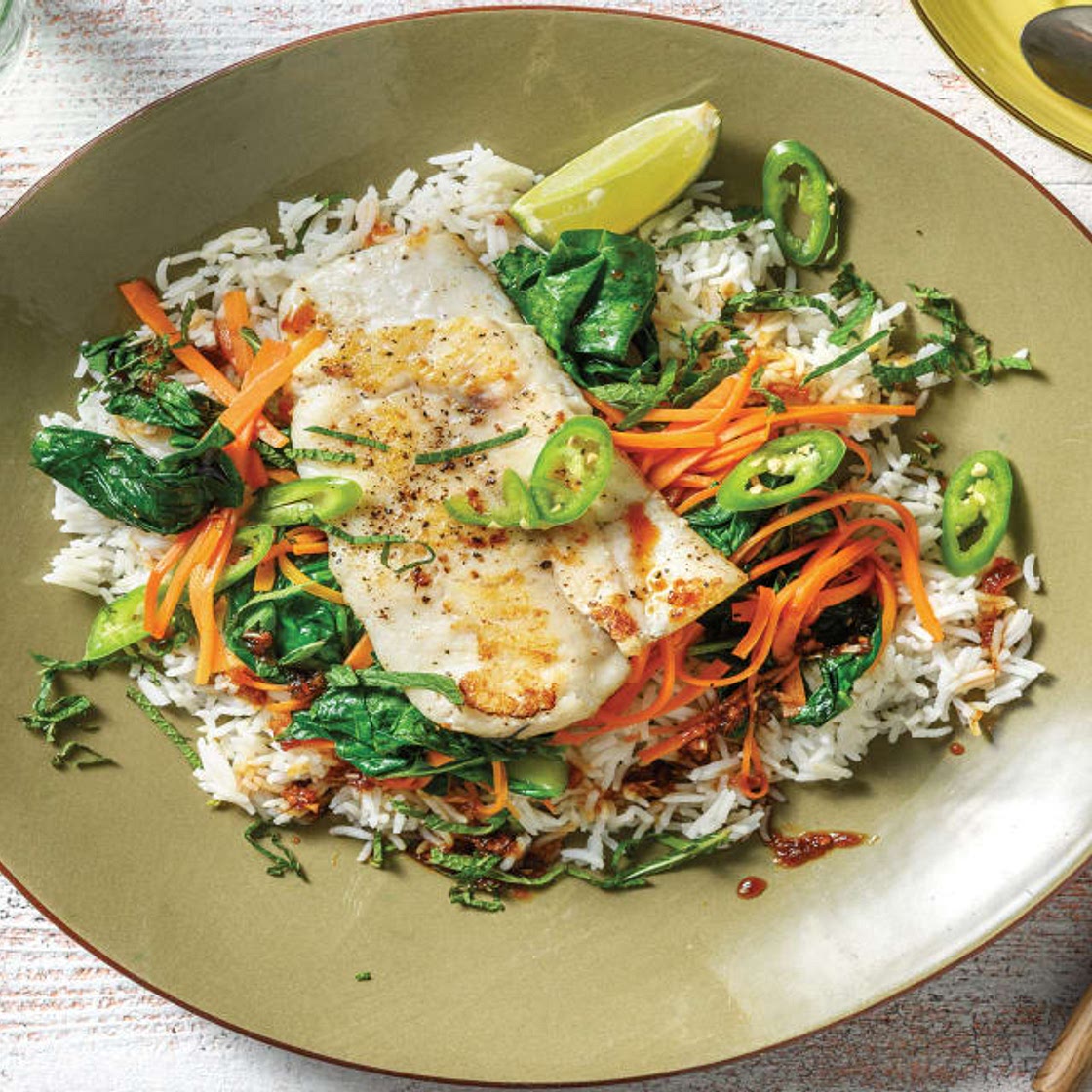 Vietnamese Lemongrass Fish with Garlic Rice, Stir-Fry Veggies & Mint