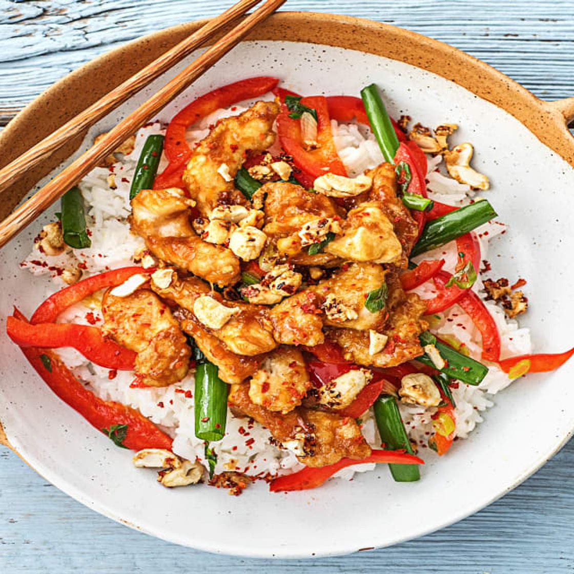 Orange and Cashew Chicken Stir-Fry with Bell Pepper and Jasmine Rice