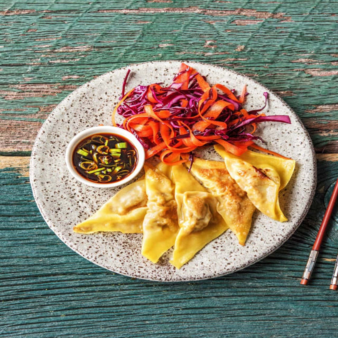 Pork D.I.Y. Dumplings with Quick-Pickled Slaw and Soy Dipping Sauce