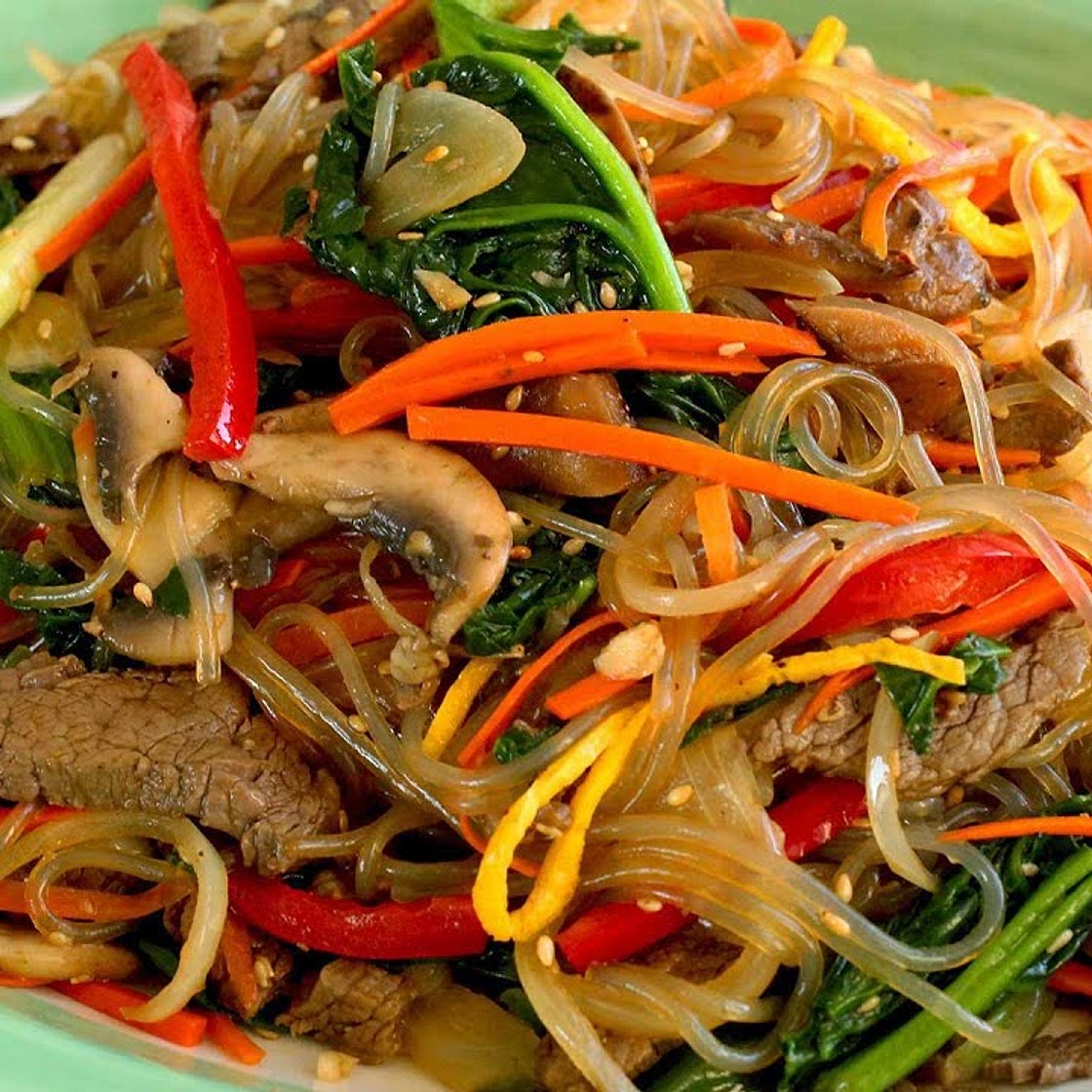 Japchae (Sweet potato starch noodles stir fried with vegetables)