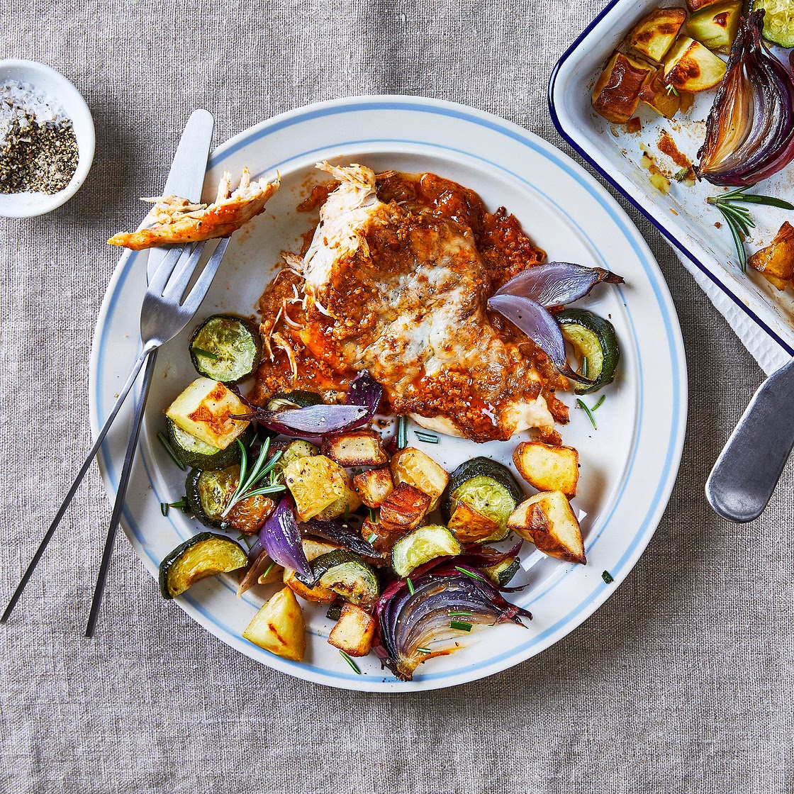 Mozzarella & Red Pesto Chicken With Roasted Veg