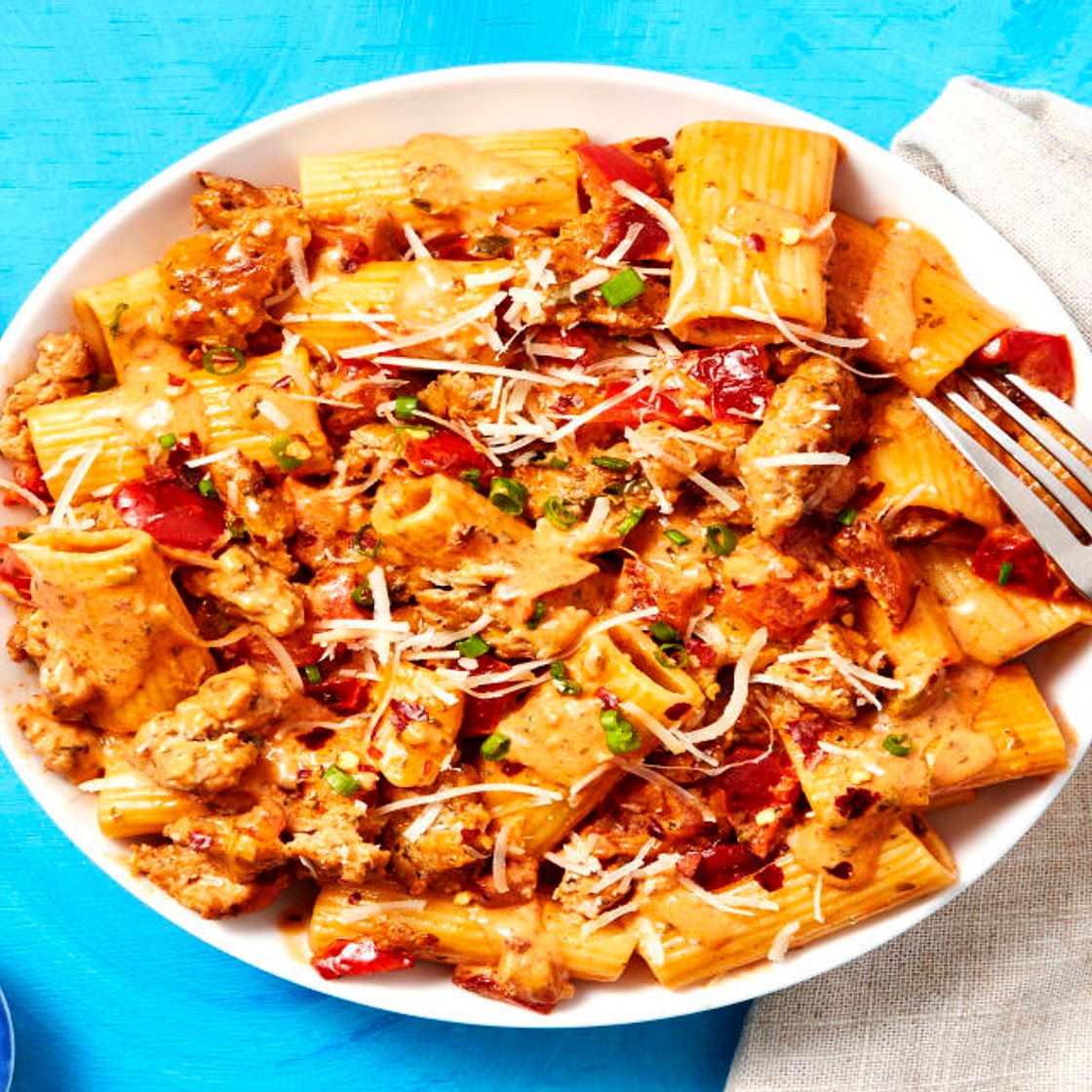 Chicken Sausage Rigatoni in a Creamy Pink Sauce with Bell Pepper & Parmesan