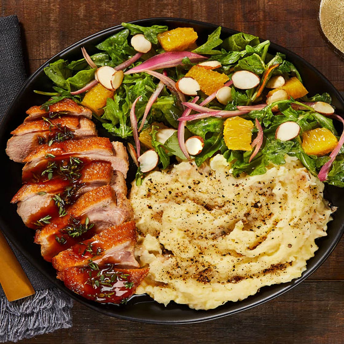 Duck a l’Orange with Duck Fat Mashed Potatoes & Arugula Almond Salad
