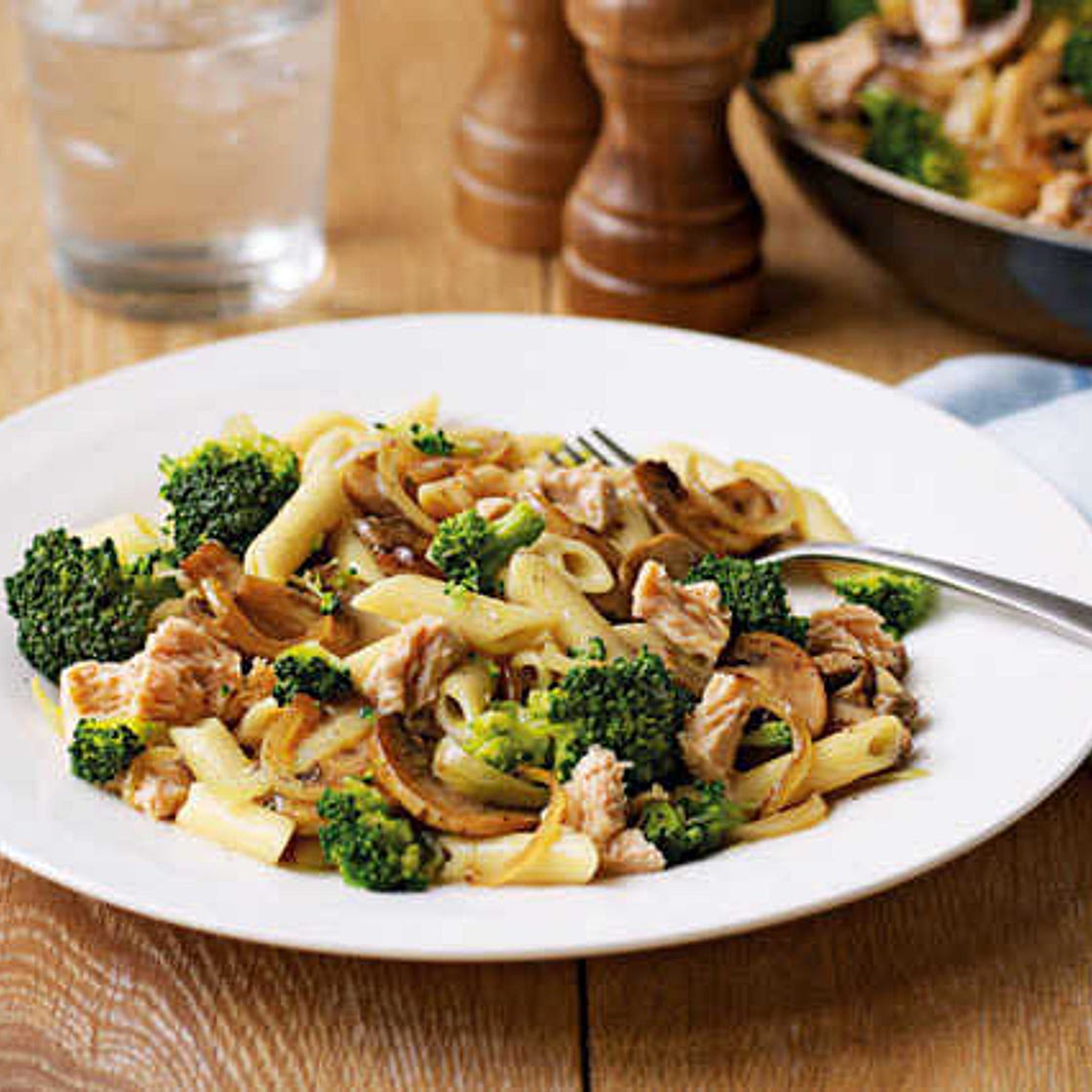 Salmon pasta with mushrooms and broccoli