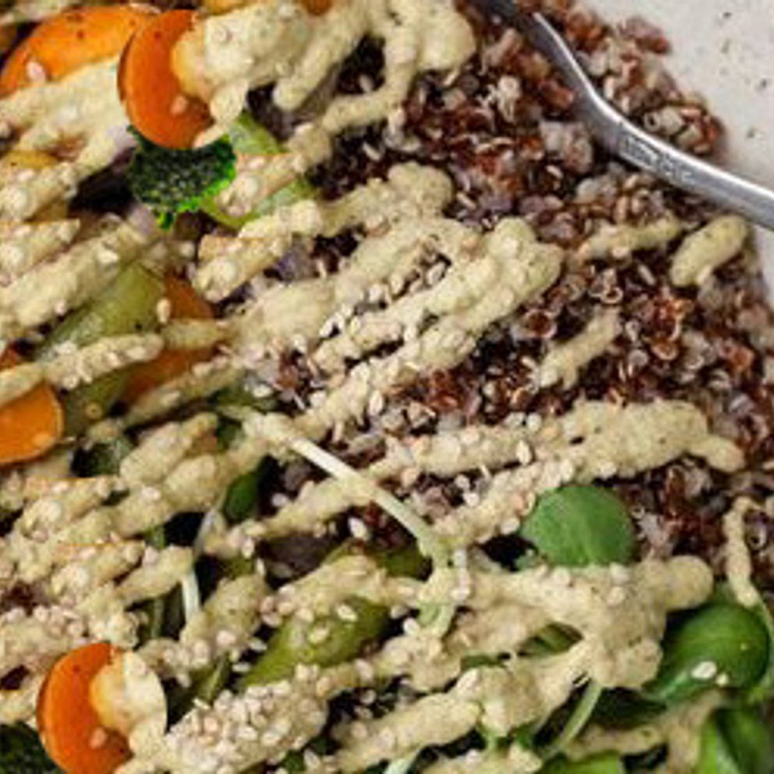 Vegan Roasted Chickpea & Vegetable Bowl with Peanut Cream