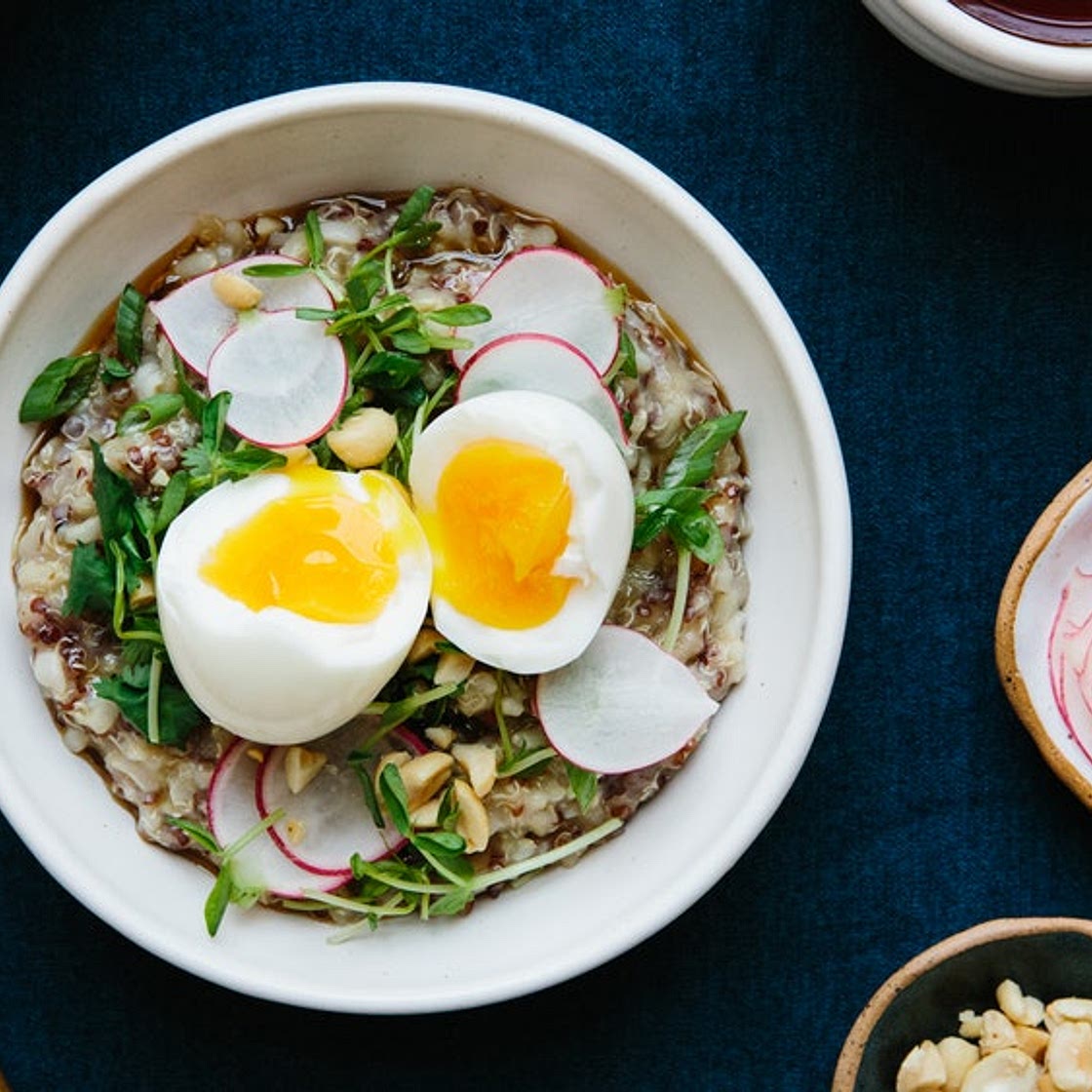 Breakfast Porridge with Soft Egg and Pea Shoots