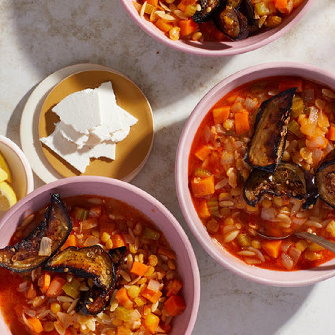Lentil and Orzo Stew With Roasted Eggplant