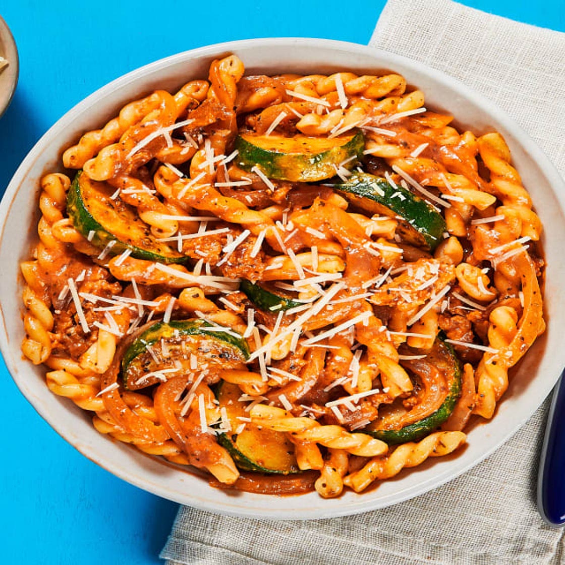 Chicken Sausage Gemelli Bolognese with Zucchini and Parmesan